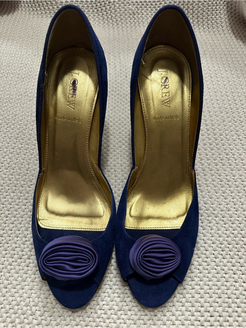 J. Crew Blur Suede Peep-Toe Heels with Rosette Accent
